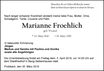 Traueranzeige von Marianne Froehlich von 206 WBT - Weilburger Tageblatt (140)
