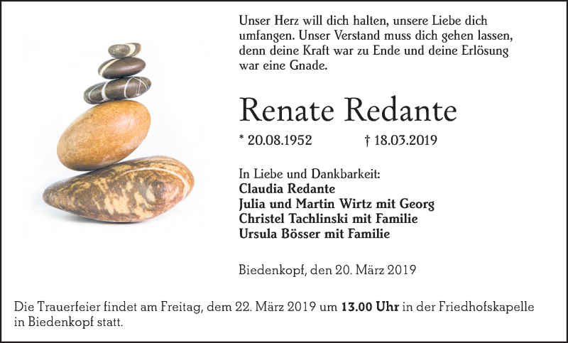  Traueranzeige für Renate Redante vom 20.03.2019 aus 205 HA - Hinterländer Anzeiger (130)