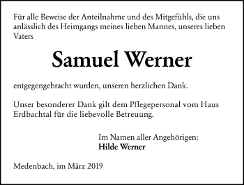 Traueranzeige von Samuel Werner von 202 Dill Block (120)