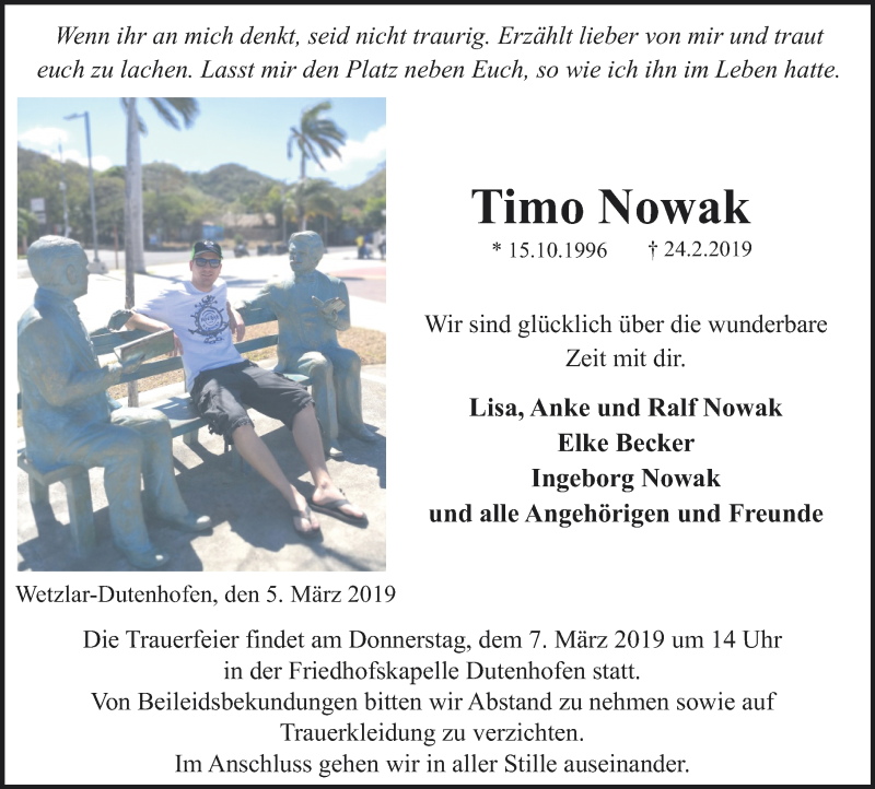  Traueranzeige für Timo Nowak vom 05.03.2019 aus 560 Gießener Anzeiger