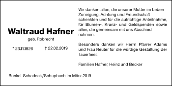 Traueranzeige von Waltraud Hafner von 206 WBT - Weilburger Tageblatt (140)
