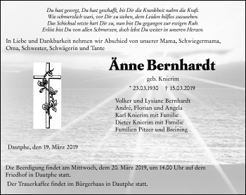 Traueranzeige von Änne Bernhardt von 205 HA - Hinterländer Anzeiger (130)
