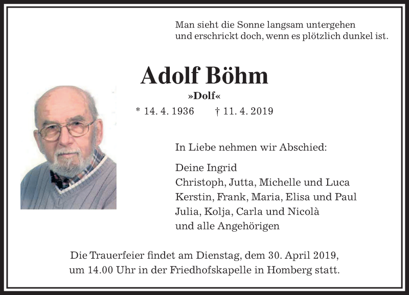  Traueranzeige für Adolf Böhm vom 20.04.2019 aus VRM Trauer