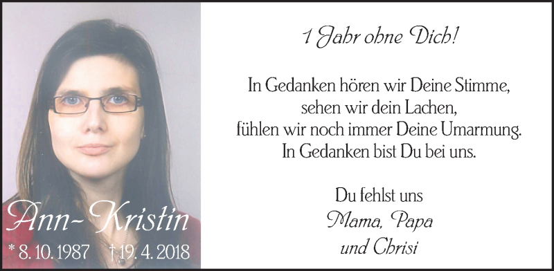  Traueranzeige für Ann-Kristin Schäfer vom 20.04.2019 aus 202 Dill Block (120)