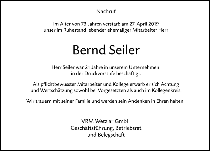  Traueranzeige für Bernd Seiler vom 30.04.2019 aus 202 Dill Block (120)