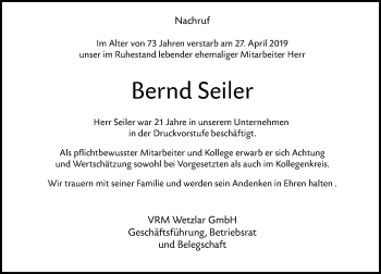 Traueranzeige von Bernd Seiler von 202 Dill Block (120)