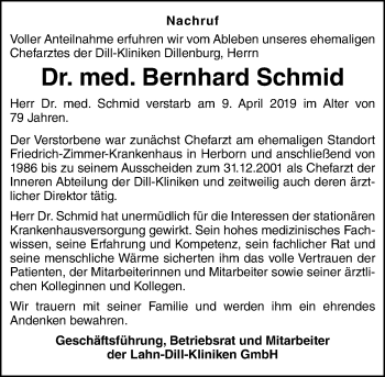 Traueranzeige von Bernhard Schmid von 202 Dill Block (120)