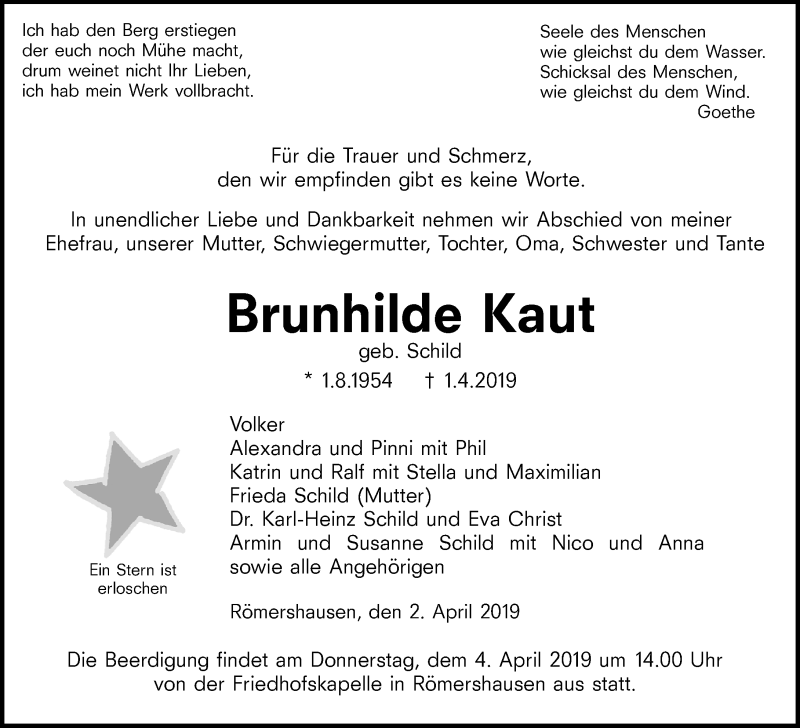  Traueranzeige für Brunhilde Kaut vom 02.04.2019 aus 205 HA - Hinterländer Anzeiger (130)