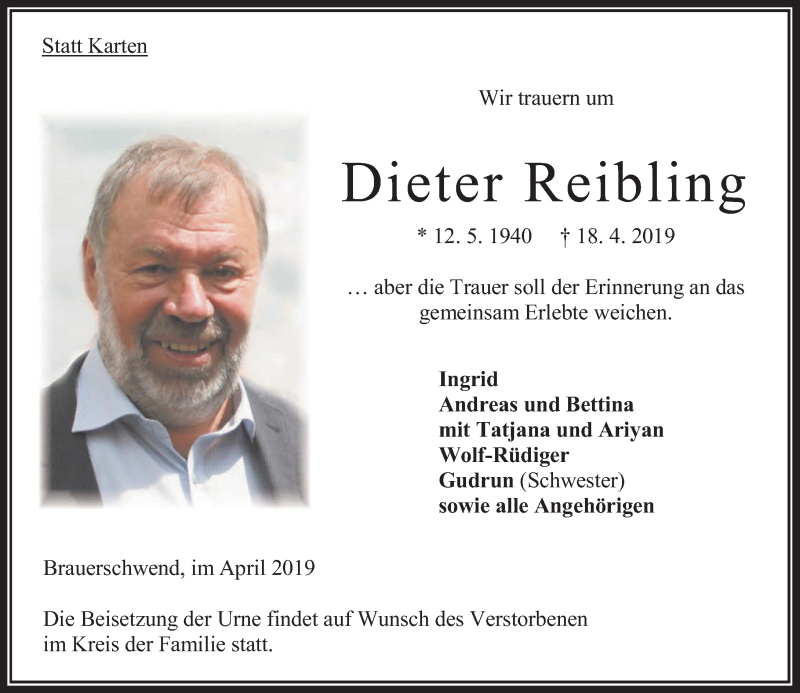  Traueranzeige für Dieter Reibling vom 23.04.2019 aus VRM Trauer