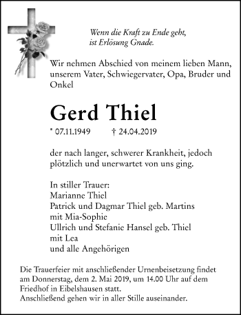 Traueranzeige von Gerd Thiel von 202 Dill Block (120)