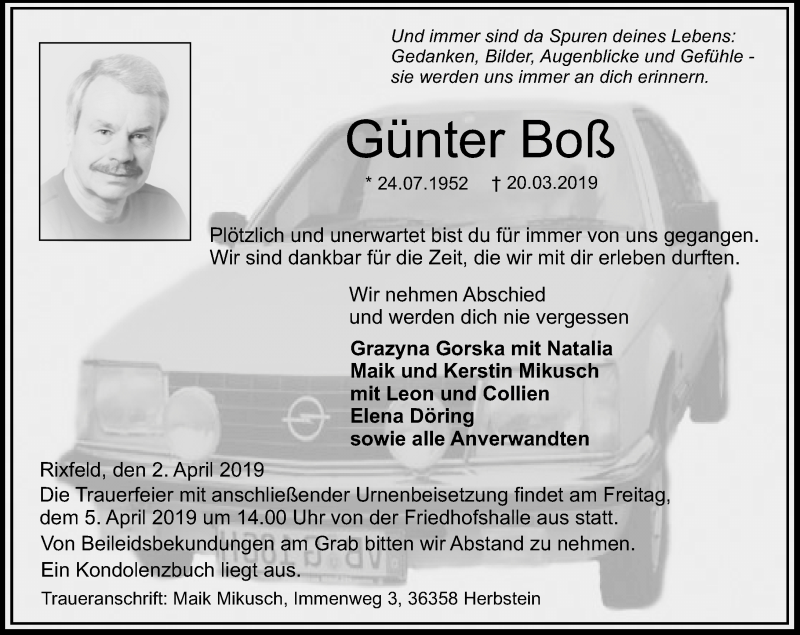  Traueranzeige für Günter Boß vom 02.04.2019 aus VRM Trauer