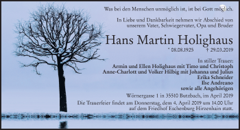 Traueranzeige von Hans Martin Holighaus von 205 HA - Hinterländer Anzeiger (130)