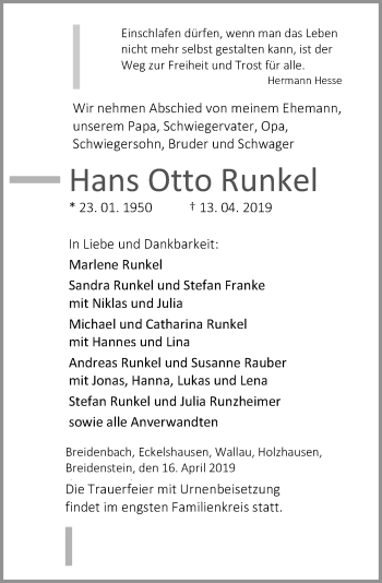 Traueranzeige von Hans Otto Runkel von 205 HA - Hinterländer Anzeiger (130)