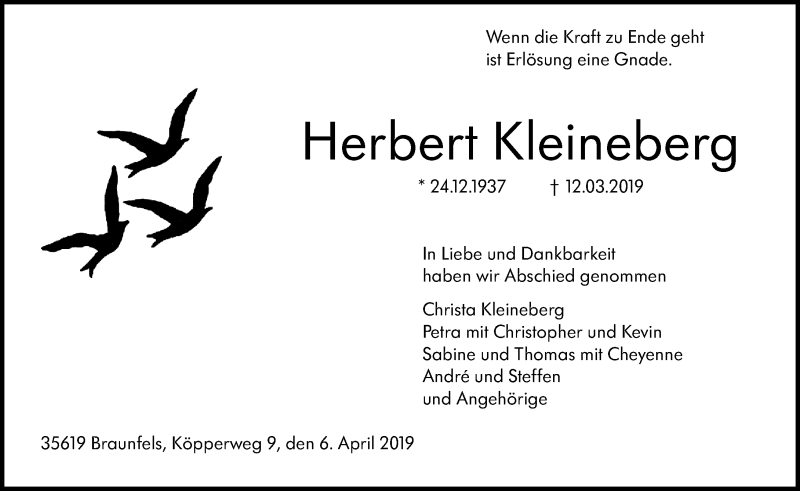  Traueranzeige für Herbert Kleineberg vom 06.04.2019 aus 201 WNZ - Wetzlarer Neue Zeitung (110)