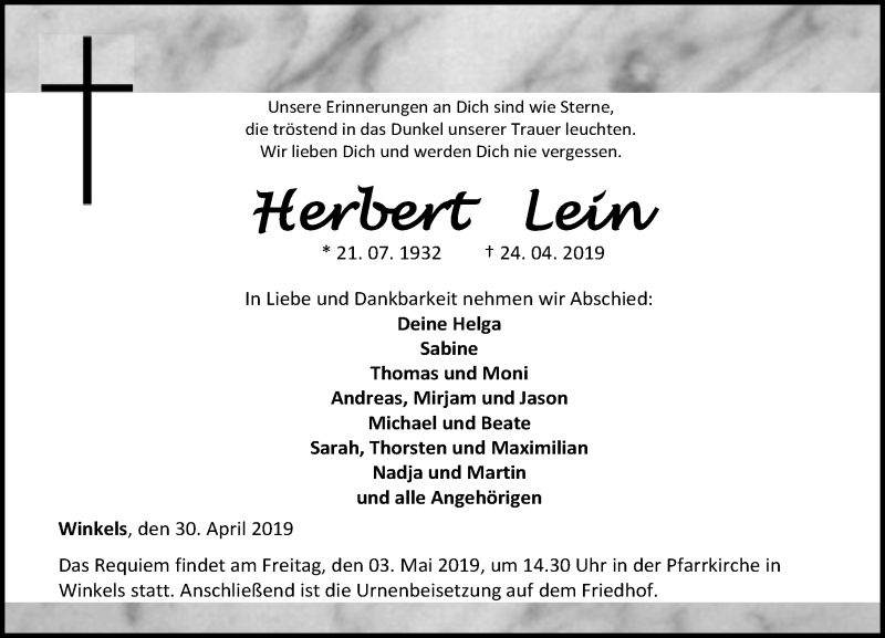  Traueranzeige für Herbert Lein vom 30.04.2019 aus 206 WBT - Weilburger Tageblatt (140)