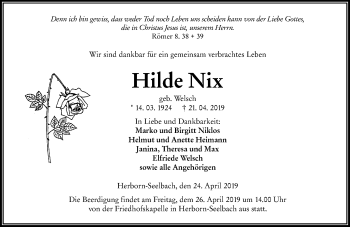 Traueranzeige von Hilde Nix von 202 Dill Block (120)