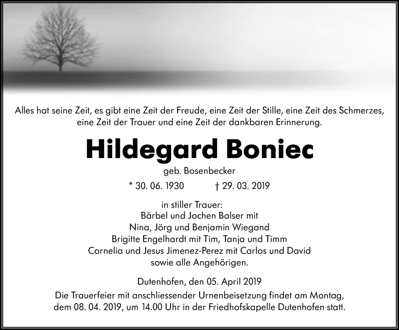  Traueranzeige für Hildegard Boniec vom 05.04.2019 aus 201 WNZ - Wetzlarer Neue Zeitung (110)