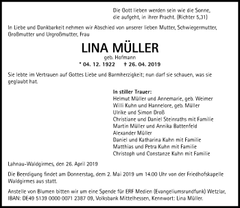 Traueranzeige von Lina Müller von 201 WNZ - Wetzlarer Neue Zeitung (110)