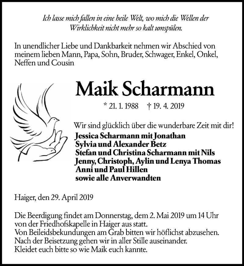  Traueranzeige für Maik Scharmann vom 29.04.2019 aus 202 Dill Block (120)