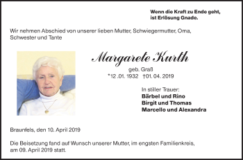 Traueranzeige von Margarete Kurth von 201 WNZ - Wetzlarer Neue Zeitung (110)