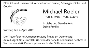 Traueranzeige von Michael Roelen von 201 WNZ - Wetzlarer Neue Zeitung (110)