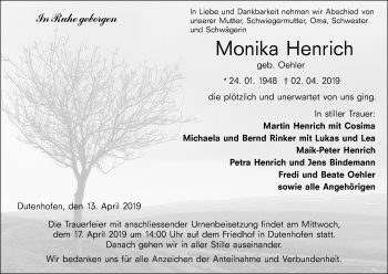 Traueranzeige von Monika Henrich von 201 WNZ - Wetzlarer Neue Zeitung (110)