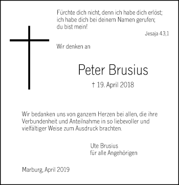 Traueranzeige von Peter Brusius von 205 HA - Hinterländer Anzeiger (130)