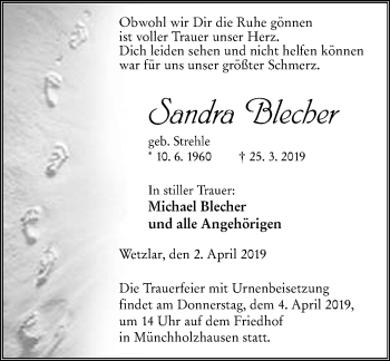 Traueranzeige von Sandra Blecher von 201 WNZ - Wetzlarer Neue Zeitung (110)