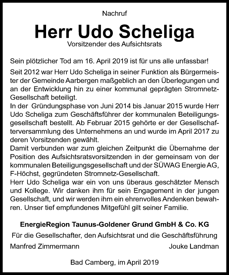  Traueranzeige für Udo Scheliga vom 25.04.2019 aus 582 Camberger Anzeiger