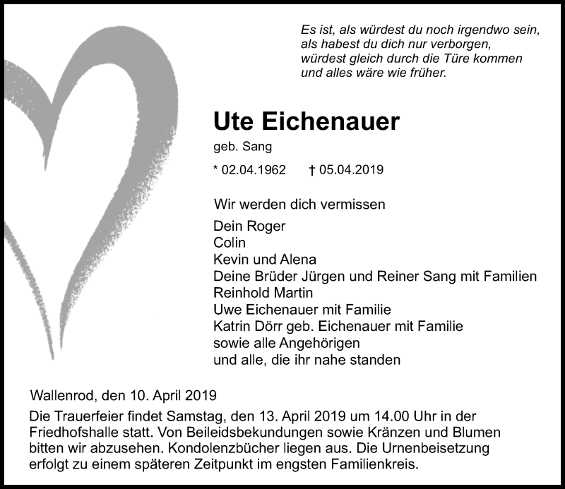  Traueranzeige für Ute Eichenauer vom 10.04.2019 aus VRM Trauer