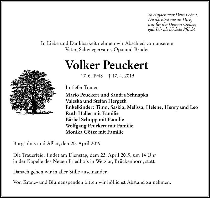 Traueranzeige für Volker Peuckert vom 20.04.2019 aus 201 WNZ - Wetzlarer Neue Zeitung (110)