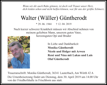 Traueranzeige von Walter Wäller Güntherodt von VRM Trauer
