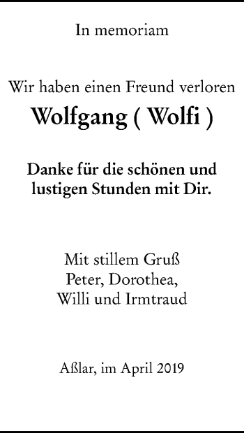 Traueranzeige von Wolfgang  von 201 WNZ - Wetzlarer Neue Zeitung (110)