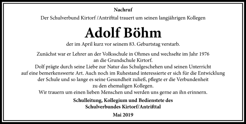  Traueranzeige für Adolf Böhm vom 18.05.2019 aus VRM Trauer