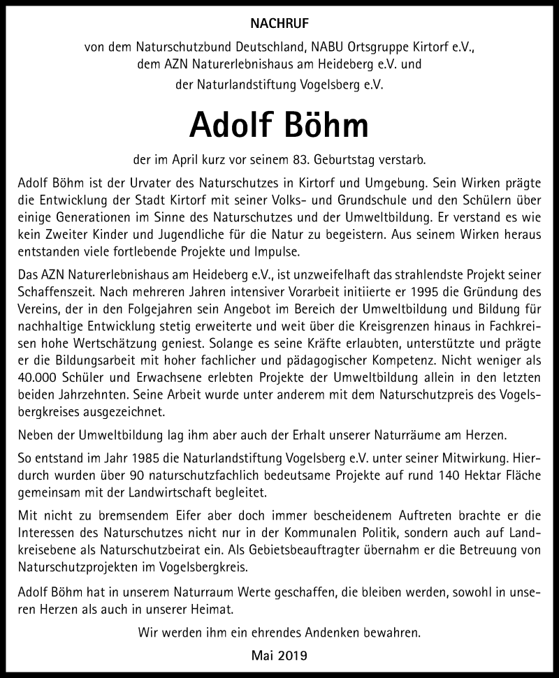  Traueranzeige für Adolf Böhm vom 25.05.2019 aus VRM Trauer