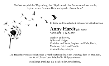 Traueranzeige von Anny Hardt von 206 WBT - Weilburger Tageblatt (140)