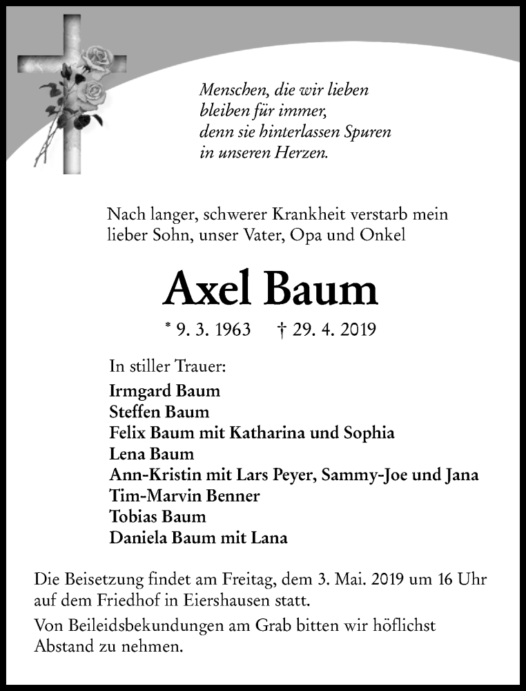  Traueranzeige für Axel Baum vom 02.05.2019 aus 202 Dill Block (120)