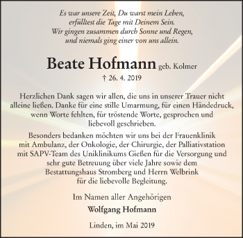 Traueranzeige von Beate Hofmann von 201 WNZ - Wetzlarer Neue Zeitung (110)