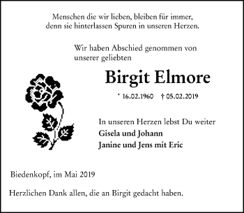 Traueranzeige von Birgit Elmore von 205 HA - Hinterländer Anzeiger (130)