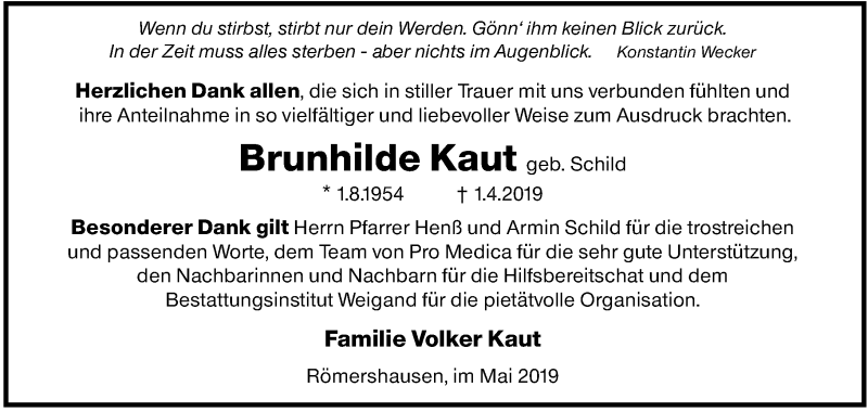  Traueranzeige für Brunhilde Kaut vom 11.05.2019 aus 205 HA - Hinterländer Anzeiger (130)