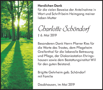 Traueranzeige von Charlotte Schöndorf von 201 WNZ - Wetzlarer Neue Zeitung (110)