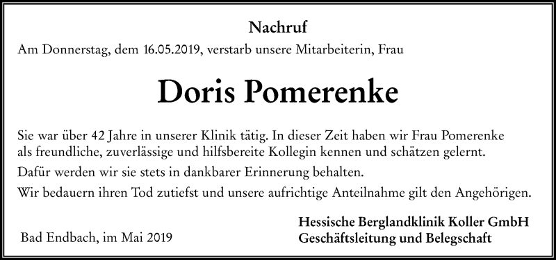  Traueranzeige für Doris Pomerenke vom 24.05.2019 aus 205 HA - Hinterländer Anzeiger (130)