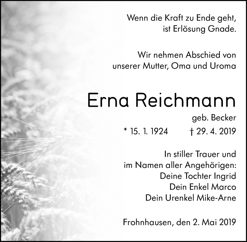  Traueranzeige für Erna Reichmann vom 02.05.2019 aus 202 Dill Block (120)