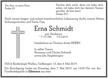 Traueranzeige von Erna Schmidt von 205 HA - Hinterländer Anzeiger (130)