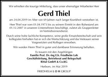 Traueranzeige von Gerd Thiel von 202 Dill Block (120)
