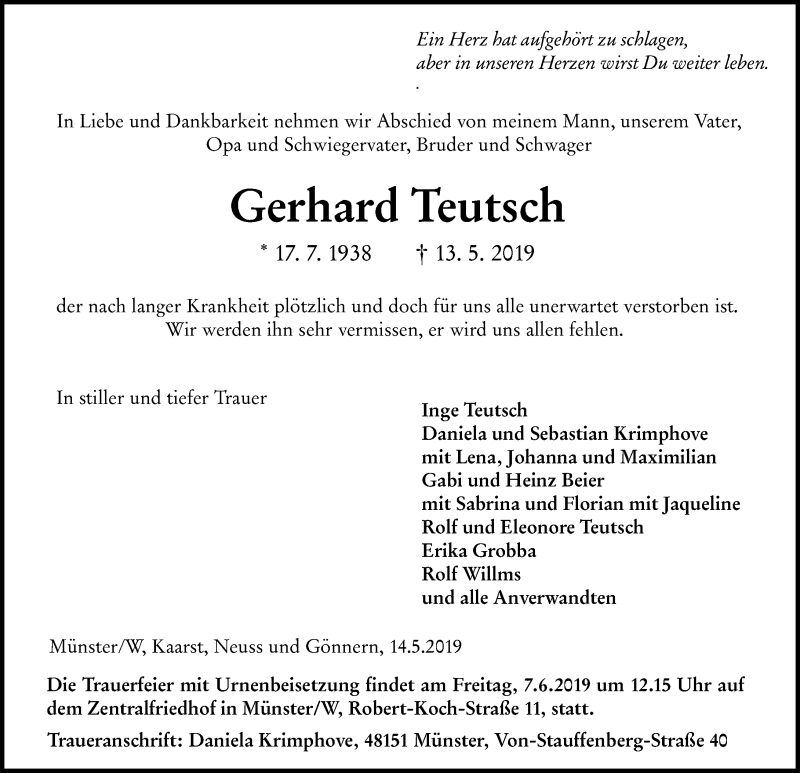  Traueranzeige für Gerhard Teutsch vom 23.05.2019 aus 205 HA - Hinterländer Anzeiger (130)