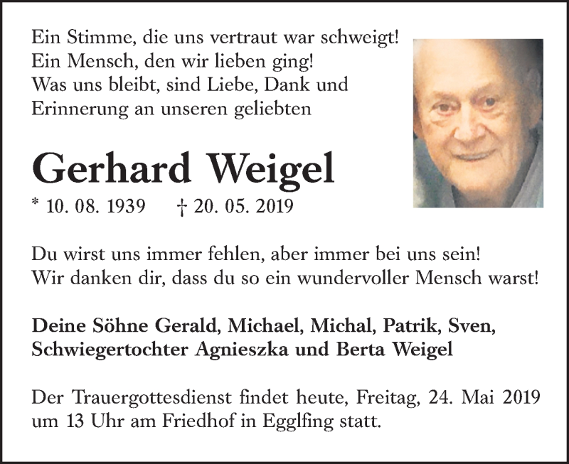  Traueranzeige für Gerhard Weigel vom 24.05.2019 aus 201 WNZ - Wetzlarer Neue Zeitung (110)