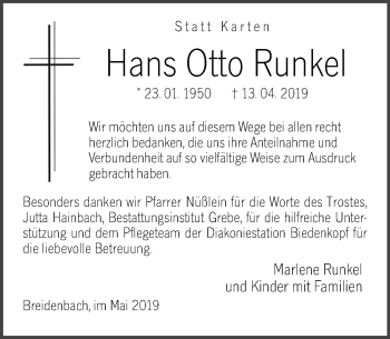 Traueranzeige von Hans Otto Runkel von 205 HA - Hinterländer Anzeiger (130)