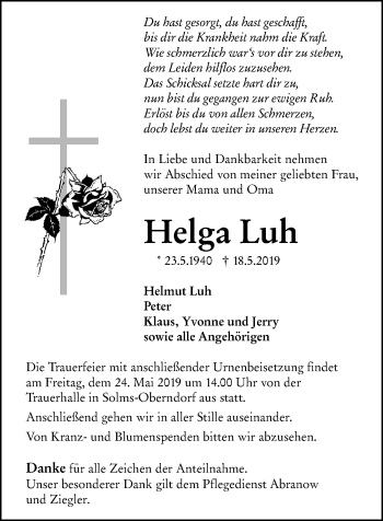 Traueranzeige von Helga Luh von 201 WNZ - Wetzlarer Neue Zeitung (110)