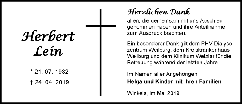  Traueranzeige für Herbert Lein vom 23.05.2019 aus 206 WBT - Weilburger Tageblatt (140)